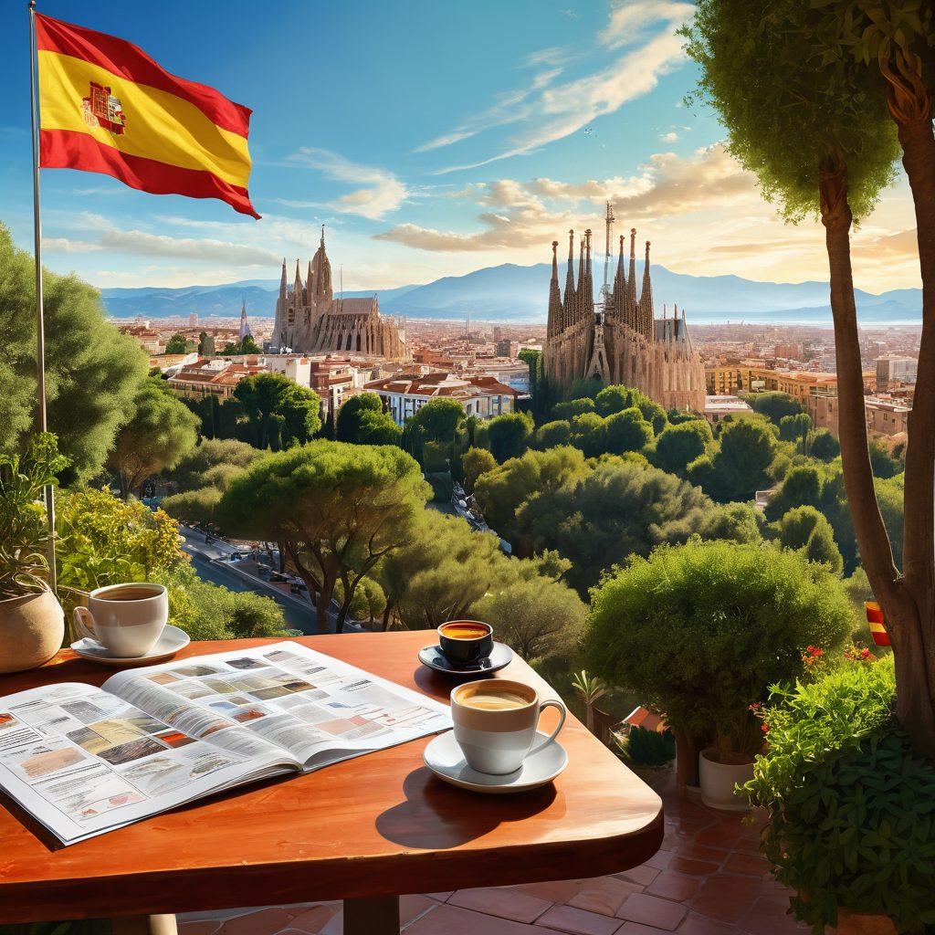 A vibrant landscape of Spain's skyline featuring iconic landmarks like the Sagrada Familia and Alhambra, bustling professionals of diverse backgrounds exchanging ideas over coffee. In the foreground, a roadmap made of job application papers and the Spanish flag, symbolizing pathways to success. Lush greenery surrounds the scene, embodying growth and opportunities. digital painting. bright colors. dynamic composition.