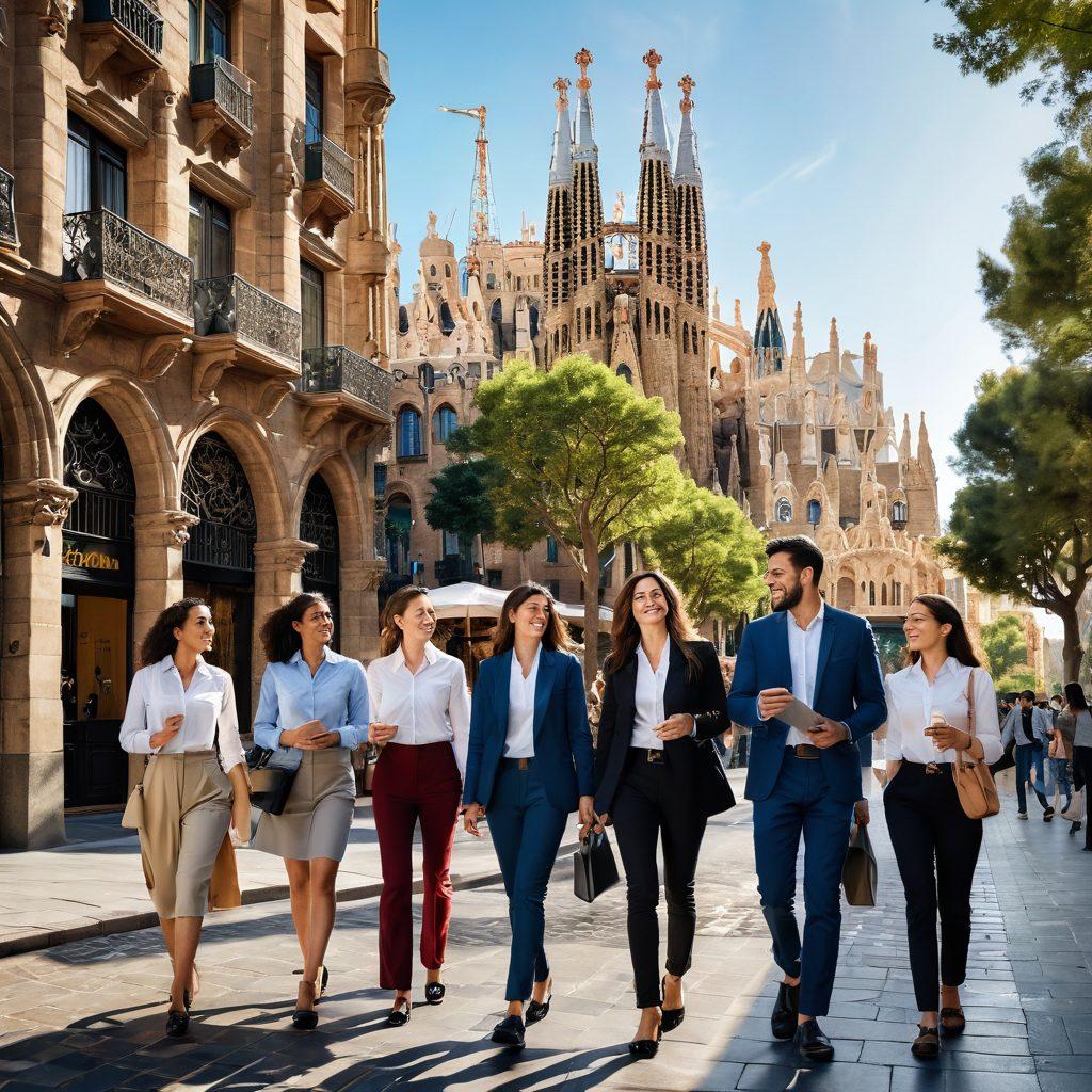 An inspiring illustration of a diverse group of professionals confidently navigating a bustling city street in Spain, surrounded by iconic landmarks like Gaudí's Sagrada Família and vibrant street cafés. They are engaging with recruitment experts holding resumes and job offers, symbolizing opportunity and success. The scene is infused with a bright and motivating atmosphere, encapsulating the spirit of teamwork and ambition. super-realistic. vibrant colors. dynamic composition.