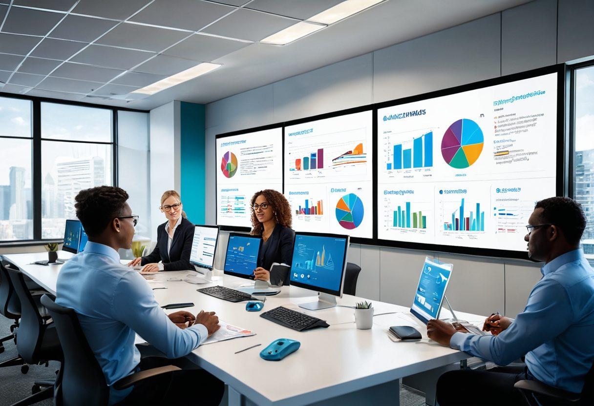 A modern office setting showcasing diverse professionals engaged in discussions about skill matching and career development. Include a large, interactive screen displaying job opportunities and skill sets. Add elements like charts and graphs illustrating trends in temporary staffing. The atmosphere should be dynamic and encouraging, highlighting the essential role of employment agencies. super-realistic. vibrant colors. 3D.